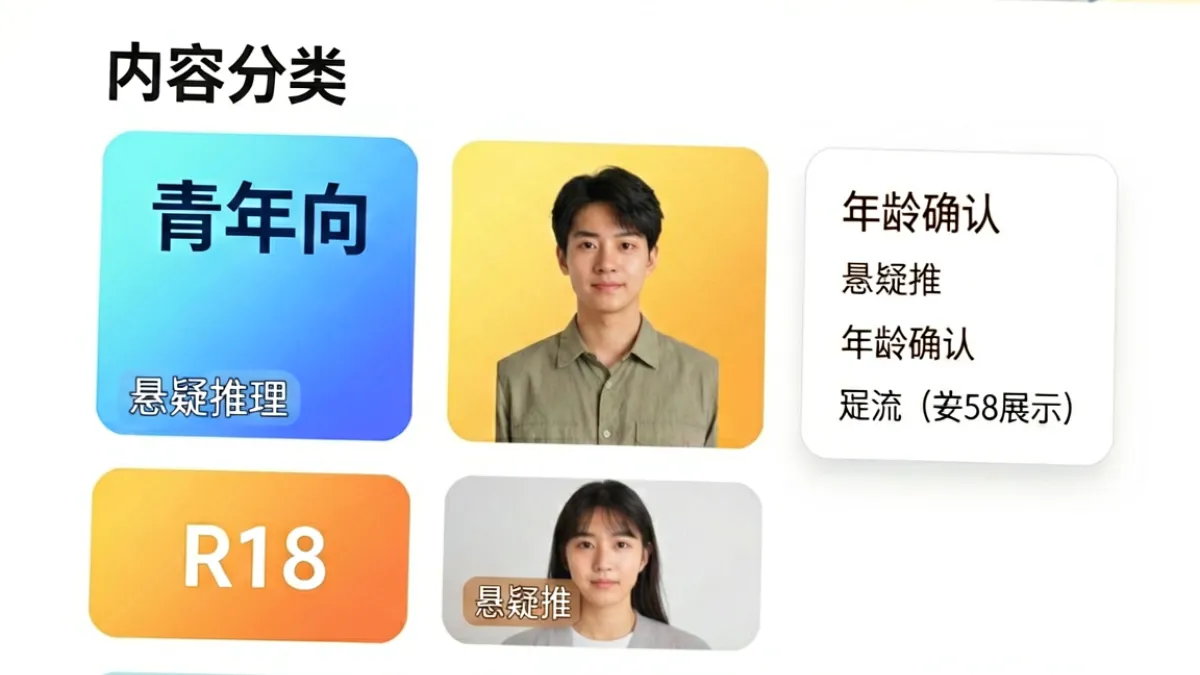 jm网页版内容分类示意图，展示漫画类型标签与分级标注界面