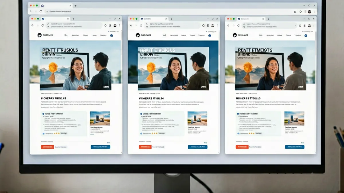 展示jm网页版浏览器兼容性测试结果的截图，包含Chrome、Safari和Firefox的访问效果对比