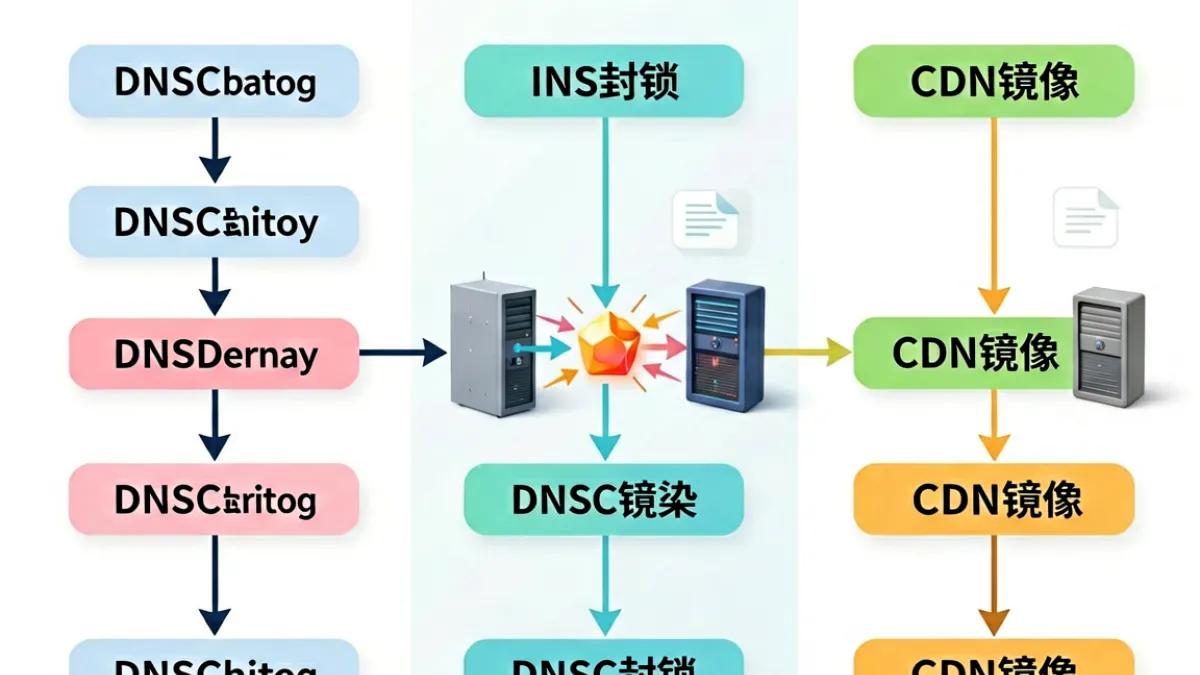 jm网页版地址变动原因分析示意图，展示DNS污染、IP封锁与CDN镜像三种情景的技术层级对比
